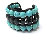 Aweseom DaVinci 3 Row Faceted Bead and Faux Turquoise Stone Corded Bracelet Black Cotton Cord