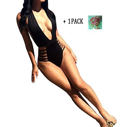 Loolis Sexy Women's Plunging V Neck Halter Backless Swimsuit Bathing Suit