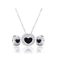 Nickel Free Sterling Silver Pendant & Earring Sets Black And Clear CZ Heart Set Pendant Diameter: 20mm Hoop Earring: Diameter: 16mm Width: 8.85mm