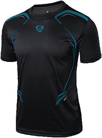 LUCKY SAILING Men's 100% Polyester Moisture Wicking Short Sleeve Sports T-shirts (Large, Black-Blue)