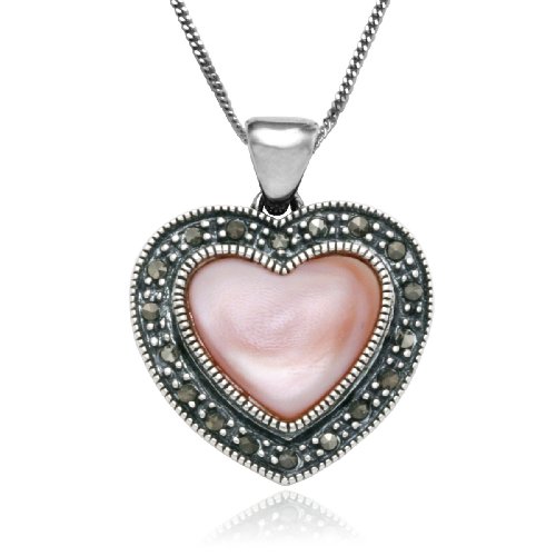 Sterling Silver Marcasite and Pink Mother-of-Pearl Heart Pendant, 18″