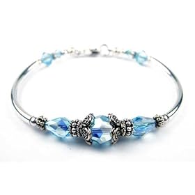 Aquamarine March Birthstone Beaded Bangle Bracelets with .925 Sterling Silver, Swarovski Crystal Beads
