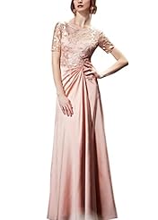 A-line Cocktail Floor Length Short Sleeves Round Neck Satin Mesh Lace Beaded Homecoming Dress/Bridesmaid Dress/Pageant Dress/Prom Dress/Party Dress/Wedding Dress 