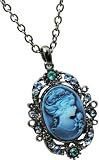 Victorian Vintage Style Blue Cameo Lady Pendant Necklace - Blue Ice Austrian Crystals - Hematite Finish & 18 - 21 Chain
