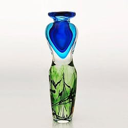 Hand Blown Blue & Green Sommerso Art Glass Vase 12.5" tall
