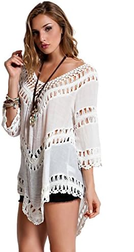 Orange Creek Women's Silk Seda Crochet Detail Solid Knit Tunic Blouse Ivory M/L