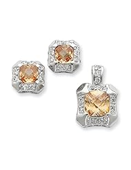 Sterling Silver Champagne & Clear Cz Pendant & Earring Set, Best Quality Free Gift Box Satisfaction Guaranteed
