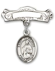 Sterling Silver Baby Badge with St. Placidus Charm and Arched Polished Badge Pin