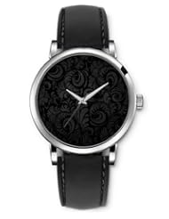 SPRAWL Aanalog Fashion Series Silver Ladies Watches of Genuine Black Leather Strap,Unique Wrist Watch for Women Girls Designed with Palace Flowers pattern