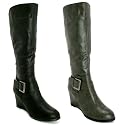 New Womens Leather Style Wedge Heel Buckle Knee Boots Sz 3-8