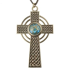 Large Celtic Cross with 12mm Persian Blue Copper Turquoise Gemstone on Adjustable Cord