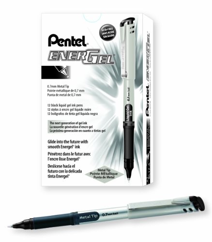 Pentel EnerGel Liquid Gel Pen, Medium Metal Tip, Silver Barrel, Black Ink, Box of 12 (BL17-A)