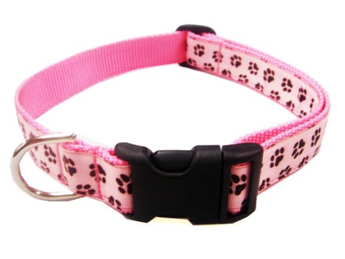 Small Pink/Brown Puppy Paws Dog Collar: 5/8" wide, Adjusts 10-14".