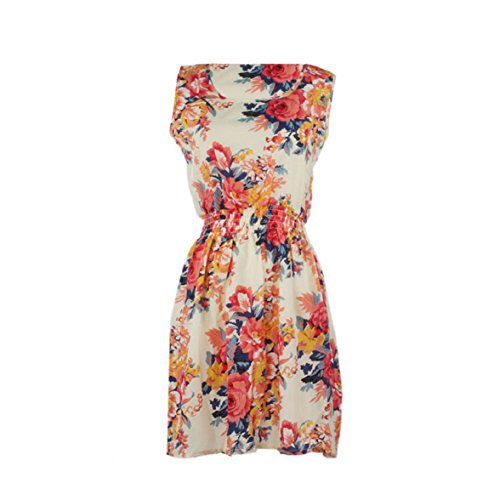 Shensee Round Neck Summer Sleeveless Floral Print Chiffon Casual Beach Mini Dress