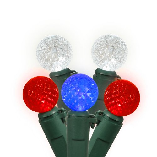 Set of 50 Red/White/Blue LED G12 Berry Fashion Glow Christmas Lights -Green Wire