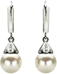 14k White Gold Diamond Illusion 9-10mm Round White South Sea Pearl High Luster Lever Back Earring AAA Quality. Include Small Brown Jewelry Gift Box with Bow.