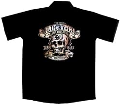 Devil Skull Biker Work Shirt, Booze Bikes Broads, Lucky 13