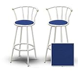 2 Blue Vinyl Specialty / Custom White Barstools with Backrest Set