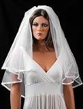 White Bridal Wedding Veil with Satin Edges, Scattered Pearls and Rhinestones