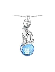 Original Star K (tm) Large Cat Pendant with 10mm Simulated Aquamarine faceted Ball in 925 Sterling Silver