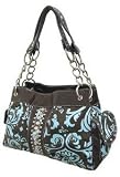 Brown Blue Damask Rhinestone Satchel Bag Purse Handbag