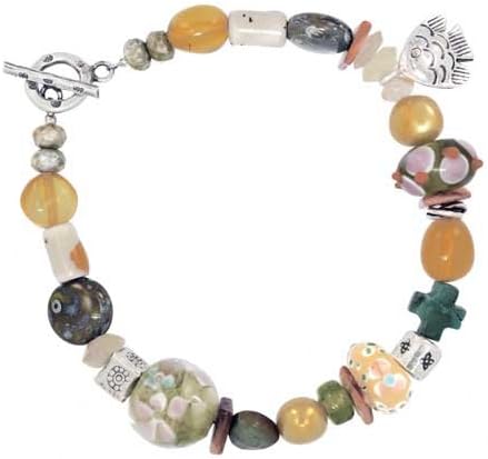 Colorful Gemstone, Sterling Silver Porcelain and Glass Bead Toggle Bracelet with Double Sided Fish Charm, 7 1/4" Length, #7529