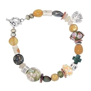 Colorful Gemstone, Sterling Silver Porcelain and Glass Bead Toggle Bracelet with Double Sided Fish Charm, 7 1/4" Length, #7529