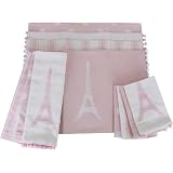 Pink White Dish Towels, Placemats and Napkins with Eiffel towel and ball fringe