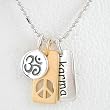 Gold Vermeil Peace Symbol with KARMA and Om (Aum) Symbol Pendants on 16" Rhodium and Sterling Silver Ball Chain, #8344