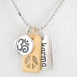 Gold Vermeil Peace Symbol with KARMA and Om (Aum) Symbol Pendants in Sterling Silver on a 16" Rhodium and Sterling Bead Chain, #8344