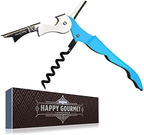 Waiters Corkscrew by Happy Gourmet Kitchenware - All-in-one Corkscrew, Wine Opener, Bottle Opener and Foil Cutter (Blue)