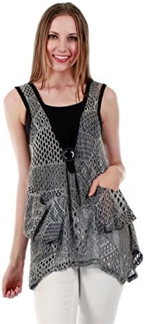 Women's Sleeveless Pullover Crochet Tunic Vest with Trapeze Hem L XL 1X 2X 3X (3X, Black &amp; White)