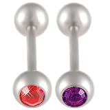 14g 14 gauge 1.6mm - 5 8 inch 16mm long - surgical steel tongue bars tounge nipple barbell rings balls with Swarovski Crystals Light Siam and Amethyst lot AIDF - Pierced Body Piercing Jewelry- Set of 2