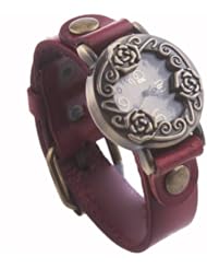 Neewer Womens Fashion Accessories Vintage Carved Engraved Bronzy Rose Leather Wrist Watch Wine Red