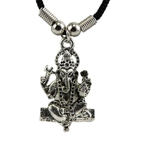 White Metal Ganesh Pendant in Black String