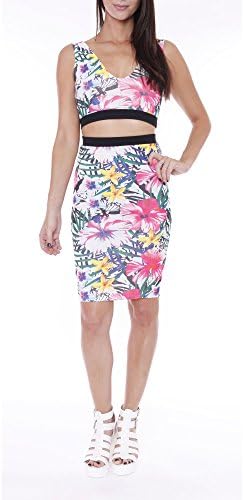 SET5976 Tropical Colorful Print Crop Top & Midi Skirt Set Junior's Clothing,MULTI,L