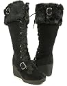 Black Furry Wedge Winter Knee Boots Women---Vegan Friendly!