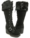 Black Furry Wedge Winter Knee Boots Women---Vegan Friendly!