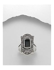 Black Resin Marcasite Ring In 92.5 Sterling Silver