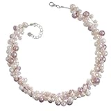 Chuvora Genuine White and Pink Cultured Fresh Water Pearl Pink Crystal 3-Strand Silk Cord Necklace with Lobster Claw Clasp 16''-17''