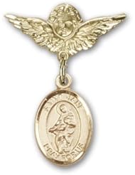 Gold Filled Baby Badge with St. Jane of Valois Charm and Angel with Wings Badge Pin