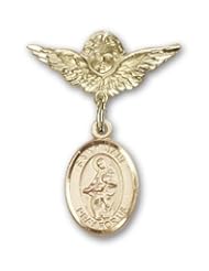 14K Gold Baby Badge with St. Jane of Valois Charm and Angel with Wings Badge Pin