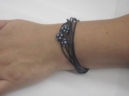 Black Multi Strand Leather Bracelet with Navy Blue and White Studded Pave Crystal Disco Balls. Magnetic Easy Closure. 8 Inch Length.
