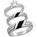 Sterling Silver 3-Piece Trio His (5.5mm) & Hers (3.5mm) Black Onyx CZ Wedding Ring Band Set; (Ladies Size 5 to10; Men's Size 8 to 14); Ladies Size 5