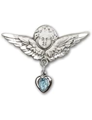 Sterling Silver Baby Badge with Blue Miraculous Charm and Angel with Wings Badge Pin