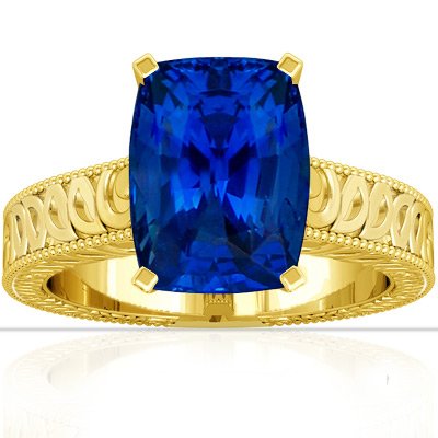 18K Yellow Gold Cushion Cut Blue Sapphire Fana Designer Ring