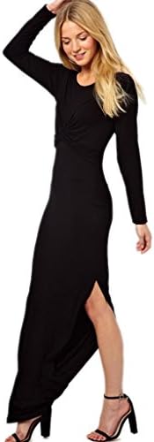 Aileen88 Women Sexy Slim Round Neck Long Sleeve Long Dress Black