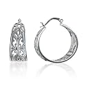Sterling Silver Bali Inspired Filigree Triangle Shape Hoop Earrings (1.0" Diameter)