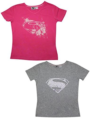 (Pack of 2) Girls Superman (Man of Steel) V-Neck T-Shirt (Vintage Look) 10-12 Pink&amp;Grey