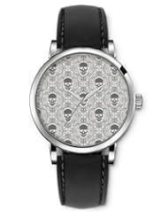 SPRAWL Aanalog Fashion Series Silver Ladies Watches of Genuine Black Leather Strap,Unique Wrist Watch for Women Girls Designed with Antique flowers and skulls